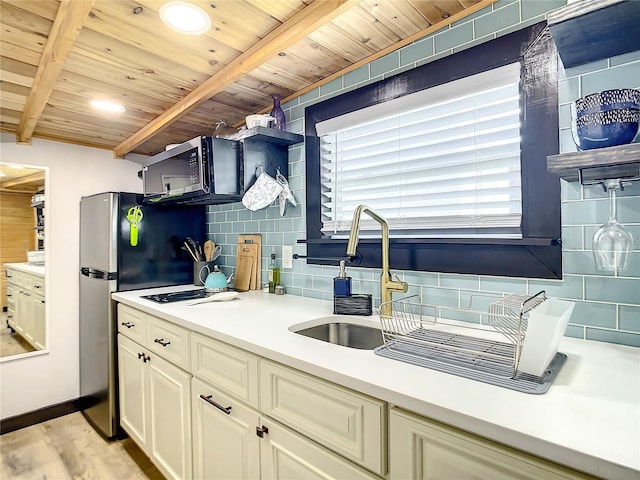 kitchen featuring light hardwood / wood-style flooring, tasteful backsplash, stainless steel appliances, and wood ceiling