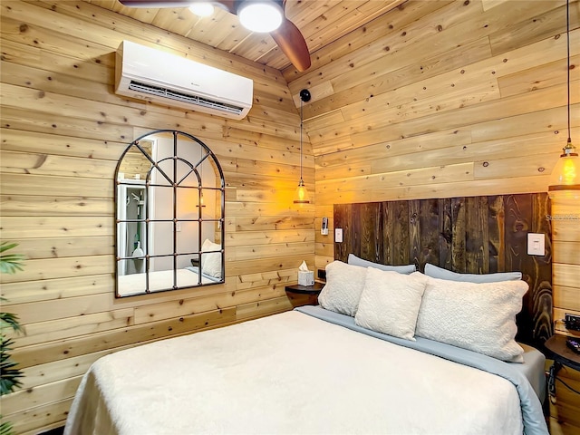 bedroom featuring wood ceiling, a wall mounted AC, and wooden walls