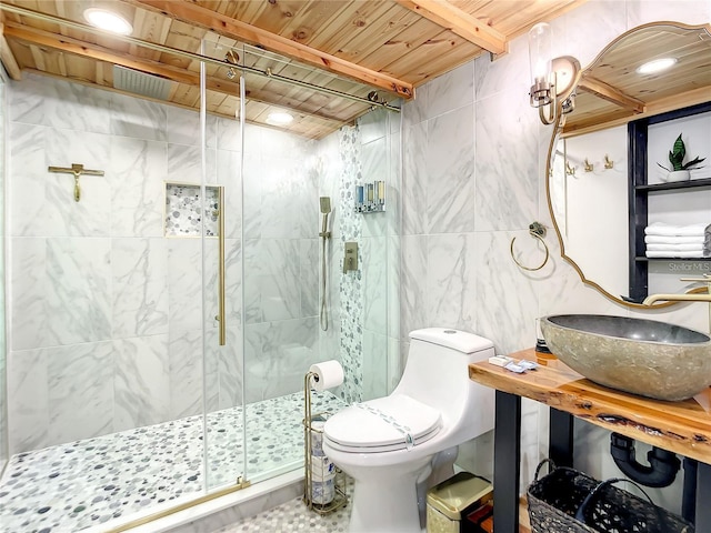 bathroom featuring tile walls, a shower with door, toilet, wood ceiling, and tile floors