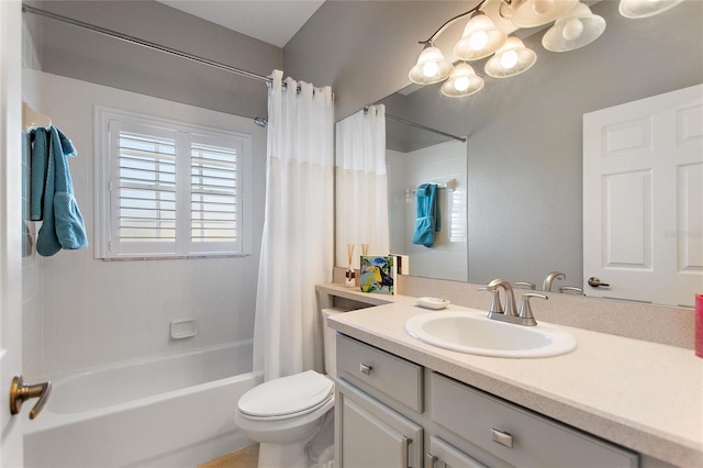 full bathroom with oversized vanity, toilet, and shower / bathtub combination with curtain