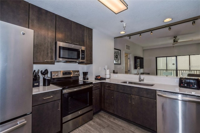 kitchen with ceiling fan, appliances with stainless steel finishes, light hardwood / wood-style floors, sink, and dark brown cabinetry