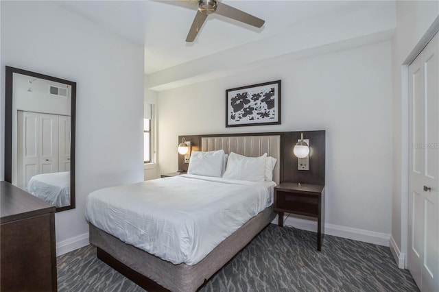 bedroom with ceiling fan and a closet