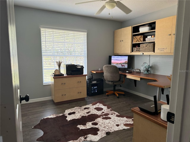 home office featuring dark wood-type flooring and ceiling fan