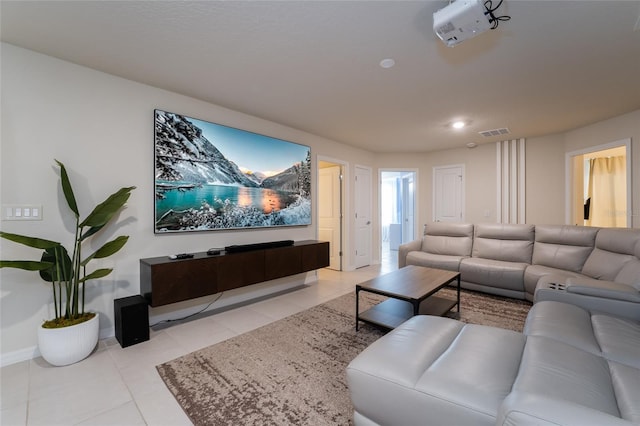 living room featuring light tile floors