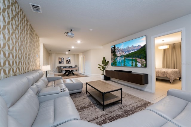 tiled living room featuring pool table