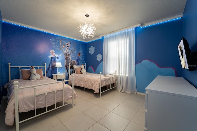 tiled bedroom with a notable chandelier and a textured ceiling