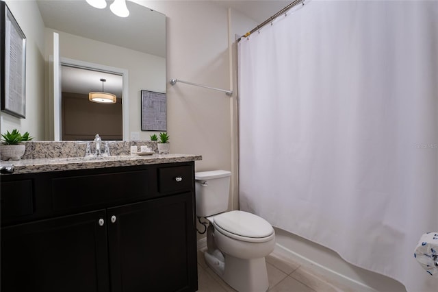 full bathroom featuring shower / bathtub combination with curtain, tile floors, toilet, and vanity