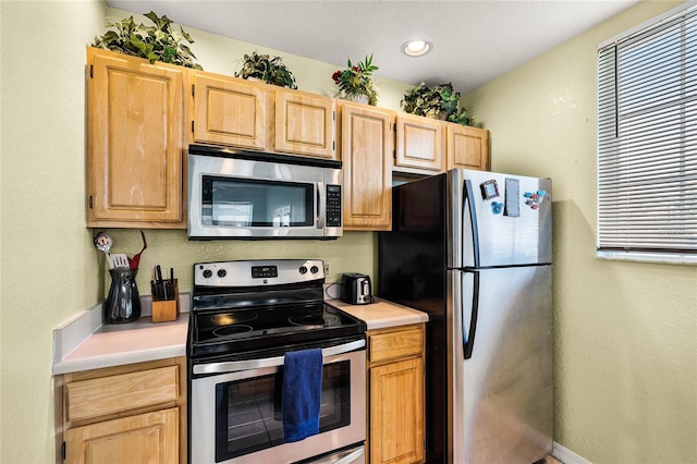 kitchen with appliances with stainless steel finishes and light brown cabinets