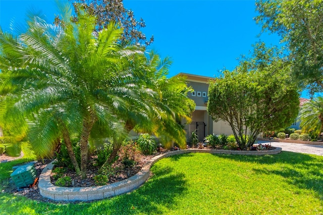 view of property hidden behind natural elements featuring a front yard