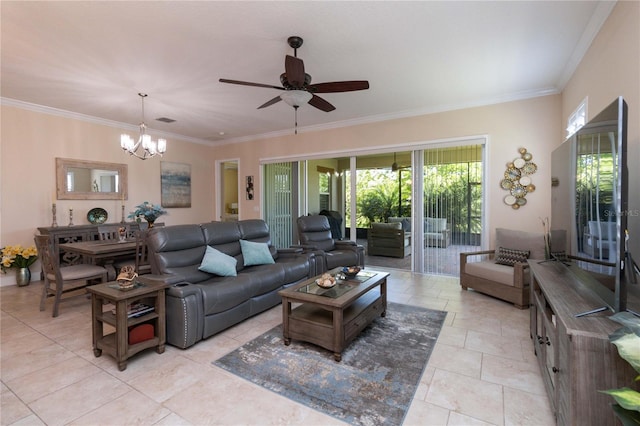 living room with crown molding, light tile floors, and ceiling fan with notable chandelier