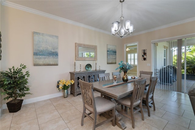 dining space featuring a chandelier, light tile floors, and crown molding