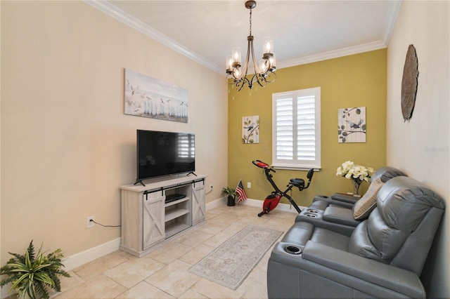 tiled living room with crown molding and an inviting chandelier