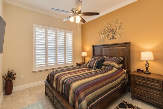 tiled bedroom featuring ornamental molding and ceiling fan