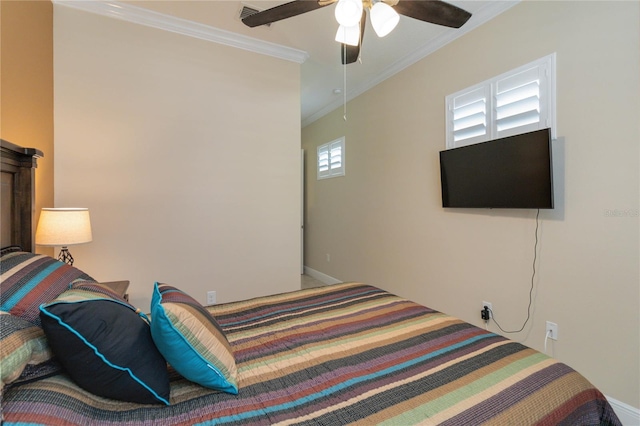 bedroom featuring ornamental molding and ceiling fan