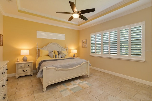 bedroom with a raised ceiling, ceiling fan, light tile floors, and ornamental molding