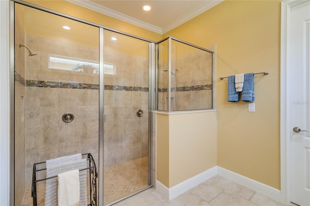 bathroom featuring crown molding, tile floors, and a shower with door