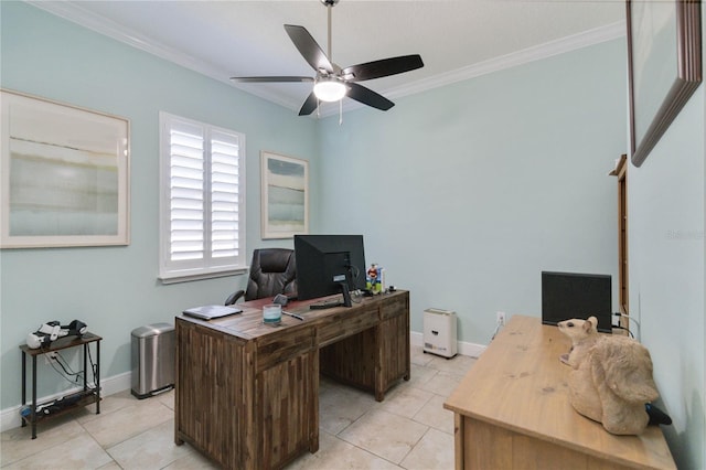 tiled office space with ceiling fan and crown molding