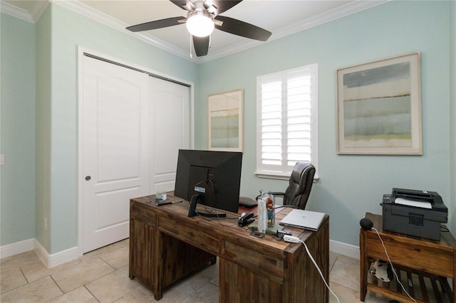 tiled home office with ornamental molding and ceiling fan