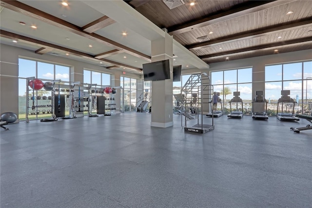 exercise room featuring plenty of natural light and a towering ceiling