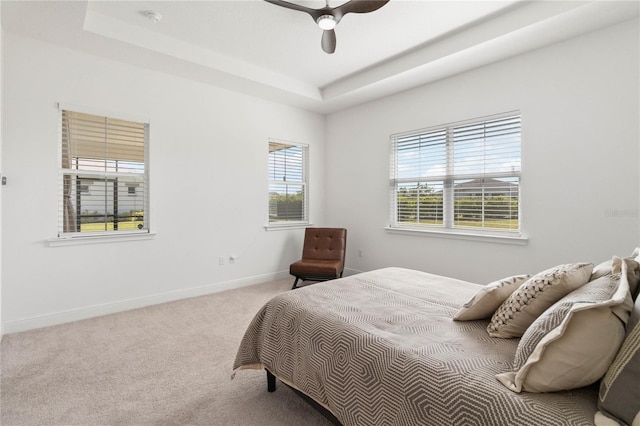 carpeted bedroom with ceiling fan and a tray ceiling