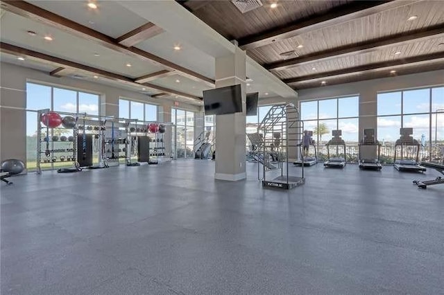 workout area with a healthy amount of sunlight and a towering ceiling