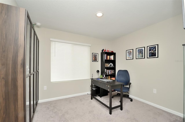 home office featuring light carpet