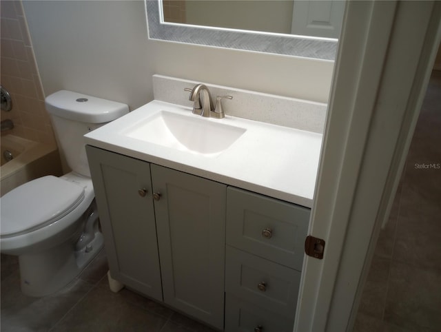 full bathroom with oversized vanity, shower / bathtub combination, toilet, and tile flooring