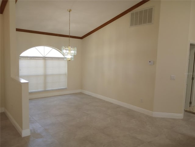 empty room with tile floors, an inviting chandelier, and ornamental molding