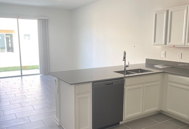 kitchen with light tile floors, sink, white cabinetry, black dishwasher, and kitchen peninsula