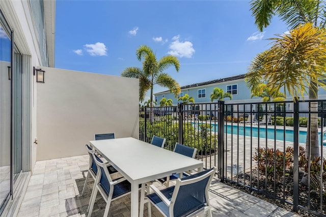 view of terrace with a fenced in pool