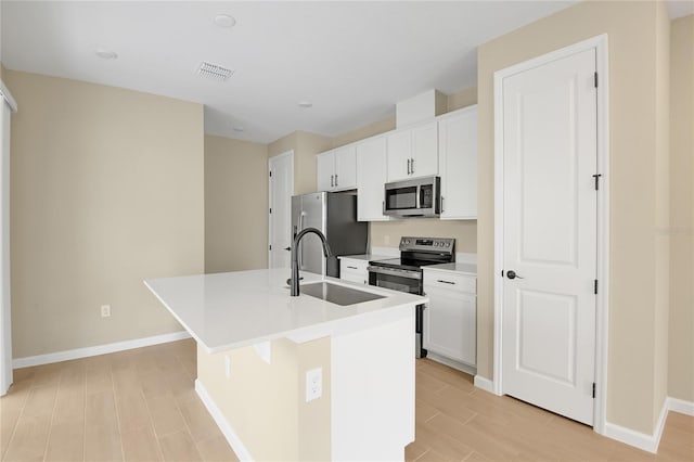 kitchen featuring sink, a kitchen island with sink, a breakfast bar, white cabinets, and appliances with stainless steel finishes