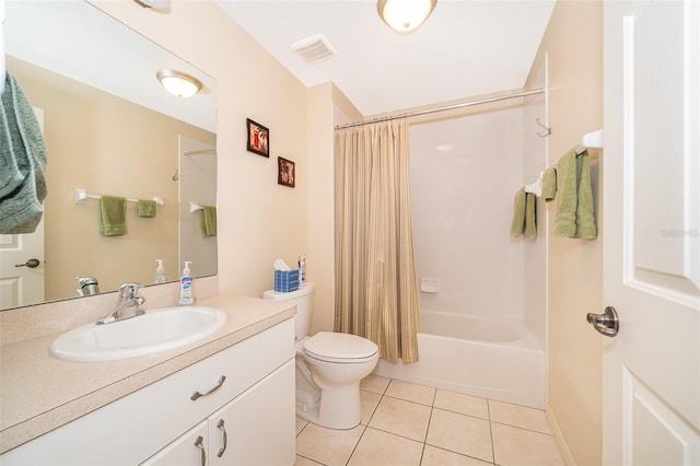 full bathroom with tile flooring, oversized vanity, shower / bath combination with curtain, and toilet