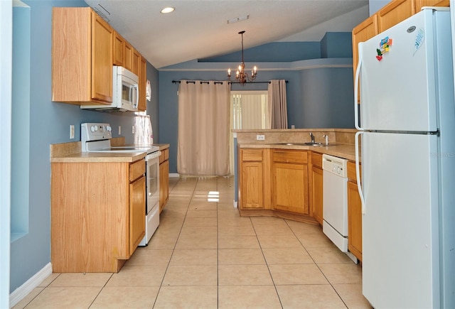 2726 Randal Way, Kissimmee, FL 34743 - kitchen featuring white appliances, vaulted ceiling, a sink, light countertops, and a chandelier