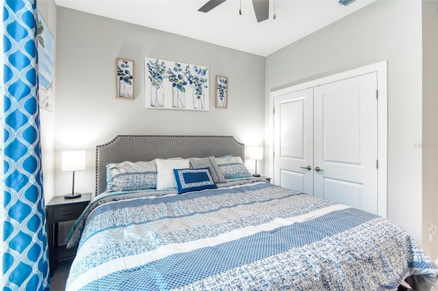 bedroom featuring a closet and ceiling fan