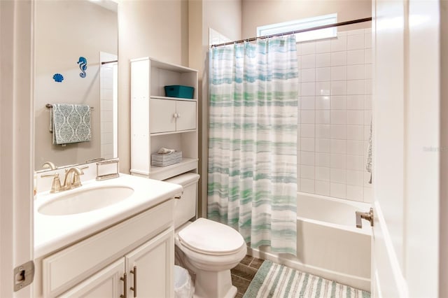 full bathroom featuring tile floors, vanity, shower / bath combination with curtain, and toilet