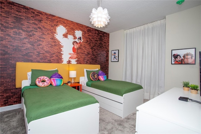 carpeted bedroom with a textured ceiling