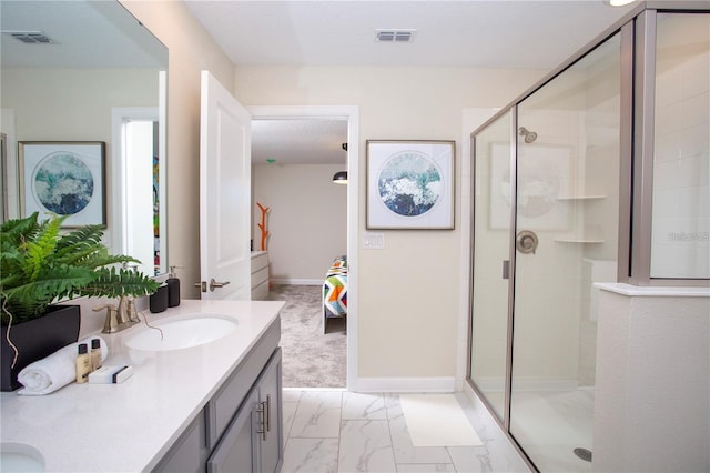 bathroom with walk in shower, tile flooring, a textured ceiling, and oversized vanity