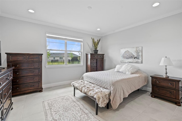 tiled bedroom featuring crown molding