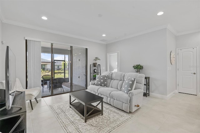 tiled living room featuring crown molding