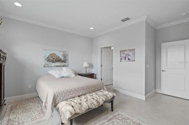 tiled bedroom with ornamental molding