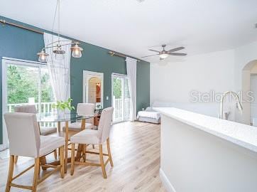 dining room with ceiling fan and light hardwood / wood-style floors