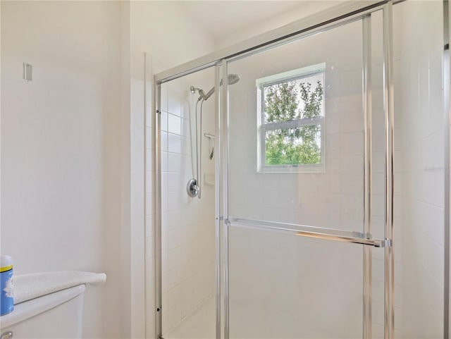 bathroom featuring a shower with shower door and toilet