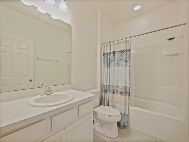 full bathroom with shower / bathtub combination with curtain, tile flooring, oversized vanity, and toilet