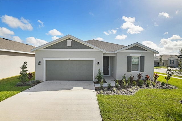 ranch-style home featuring a garage and a front yard