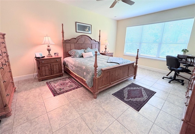 bedroom featuring ceiling fan and light tile flooring