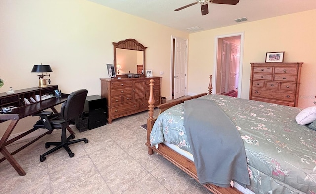 bedroom with connected bathroom, ceiling fan, and light tile flooring