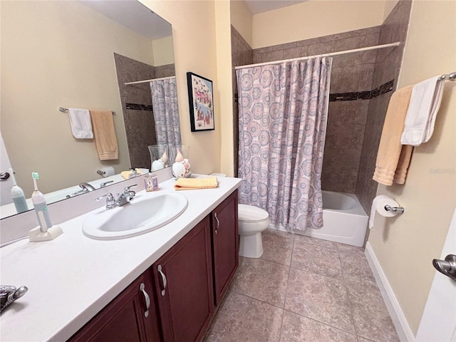 full bathroom with tile flooring, oversized vanity, shower / bath combination with curtain, and toilet