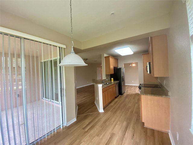 kitchen featuring sink, light hardwood / wood-style flooring, stainless steel appliances, and pendant lighting