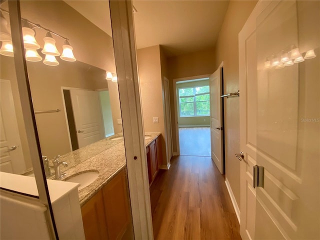 bathroom with vanity and hardwood / wood-style flooring