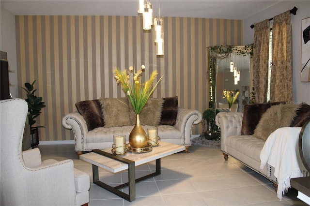 living room with tile flooring